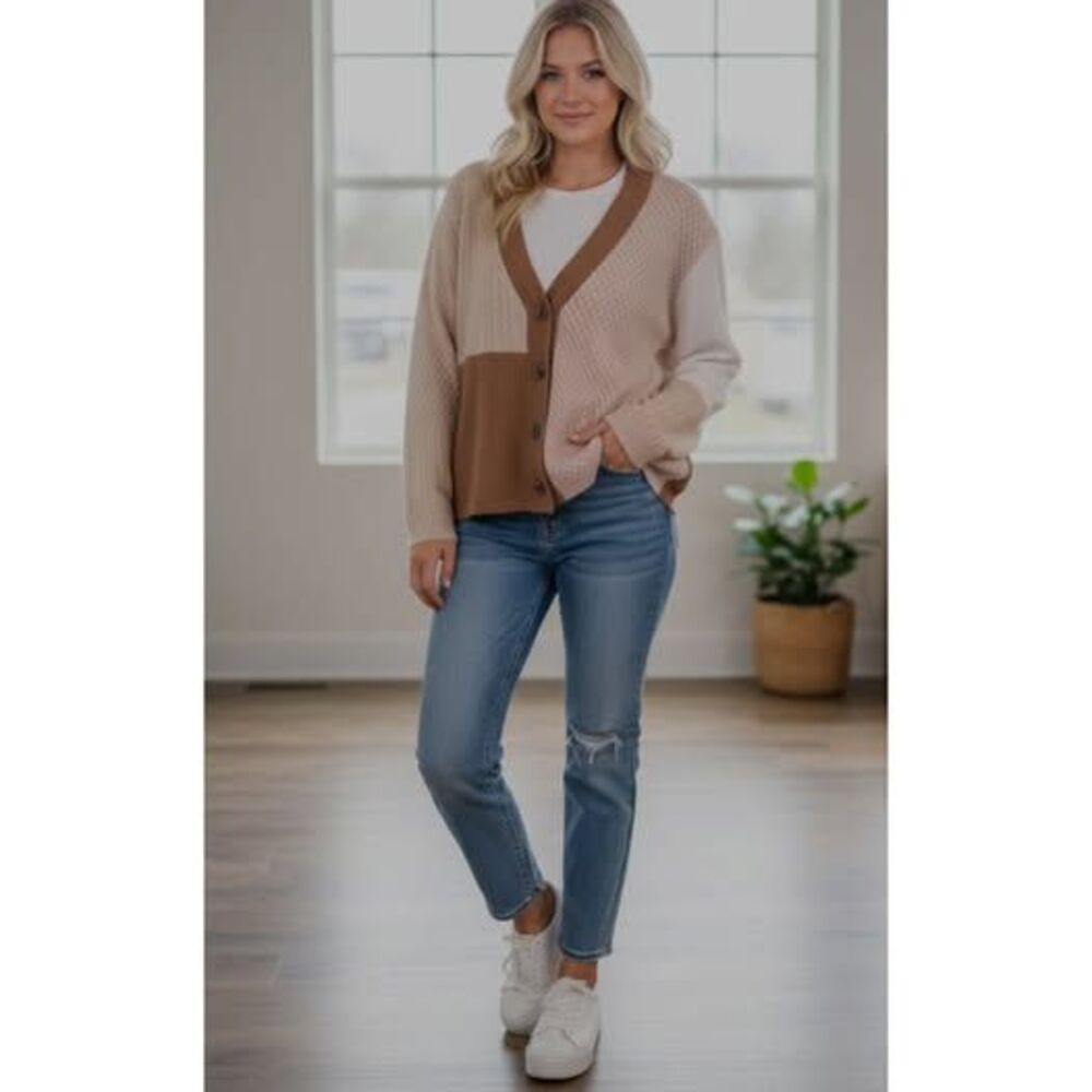 Beachlunchlounge SHARI Mixed Knit Cardigan Medium Tan Pink Colorblock Sweater